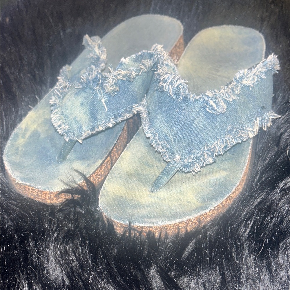 Frayed Denim Thong Flip Flops Slide Sandals Corkstyle Footbed Sz9